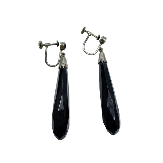 Vintage c 1930s Solid Silver Onyx Dangle Earrings.