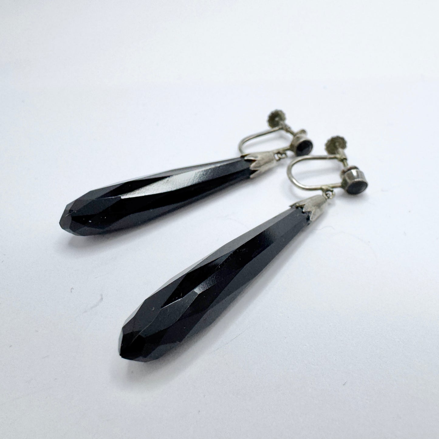 Vintage c 1930s Solid Silver Onyx Dangle Earrings.