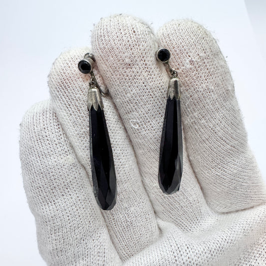 Vintage c 1930s Solid Silver Onyx Dangle Earrings.