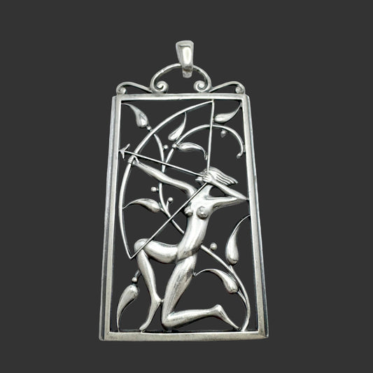 G Dahlgren, Sweden 1944 Sterling Silver Diana Goddess of Hunting Large War-Time Pendant.