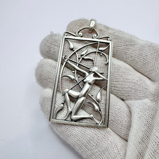G Dahlgren, Sweden 1944 Sterling Silver Diana Goddess of Hunting Large War-Time Pendant.
