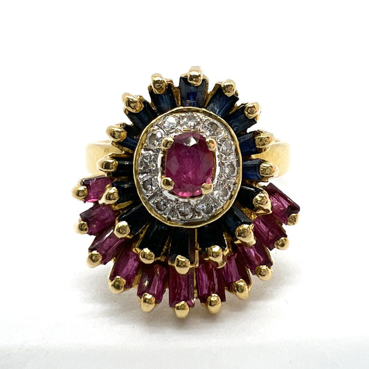 Vintage c 1960-70s 18k Gold Diamond, Sapphire Ruby Blue-Red-White Cluster Ring.