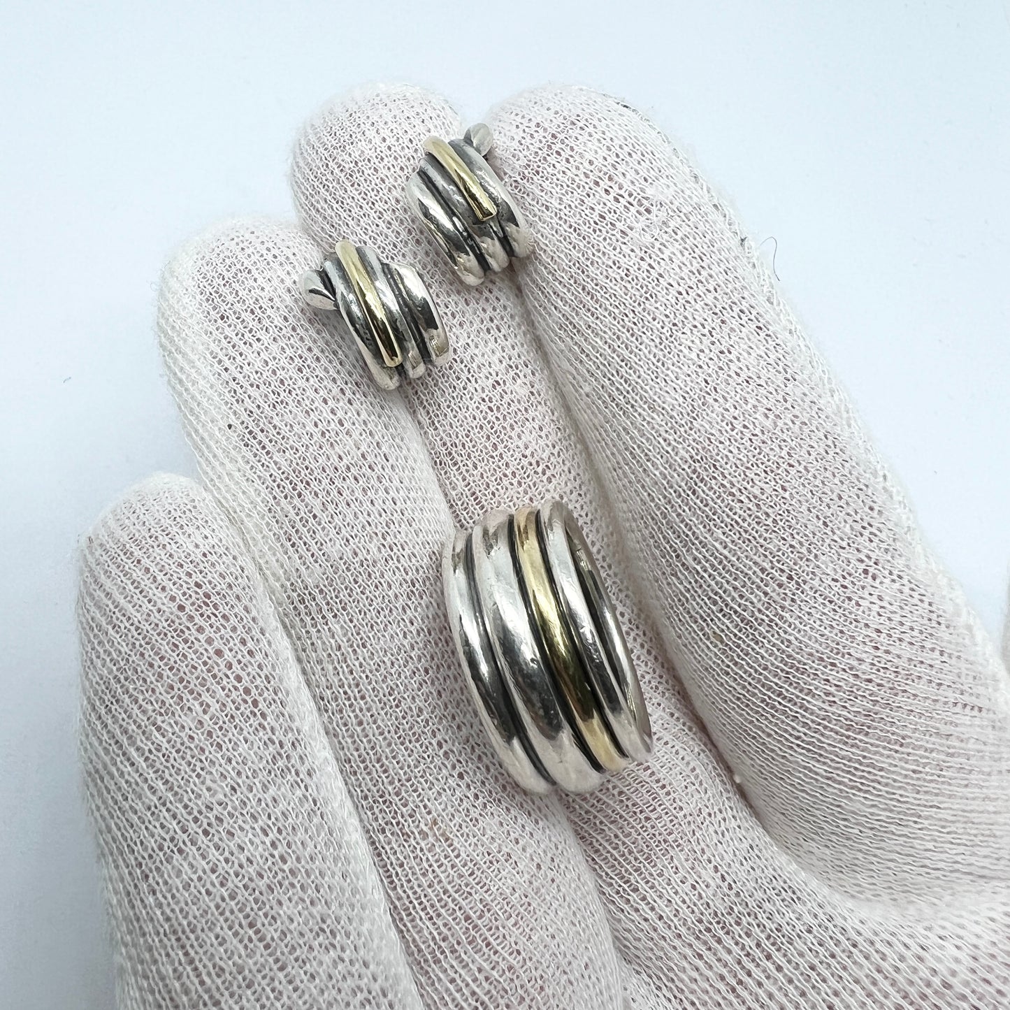 Pia Rauff Denmark. Vintage Sterling Silver 18k Gold Ring + Earrings.
