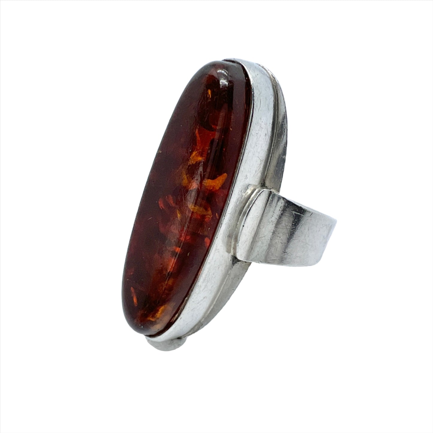 Fischland Ostseeschmuck. Vintage c 1970s Solid Silver Amber Ring.