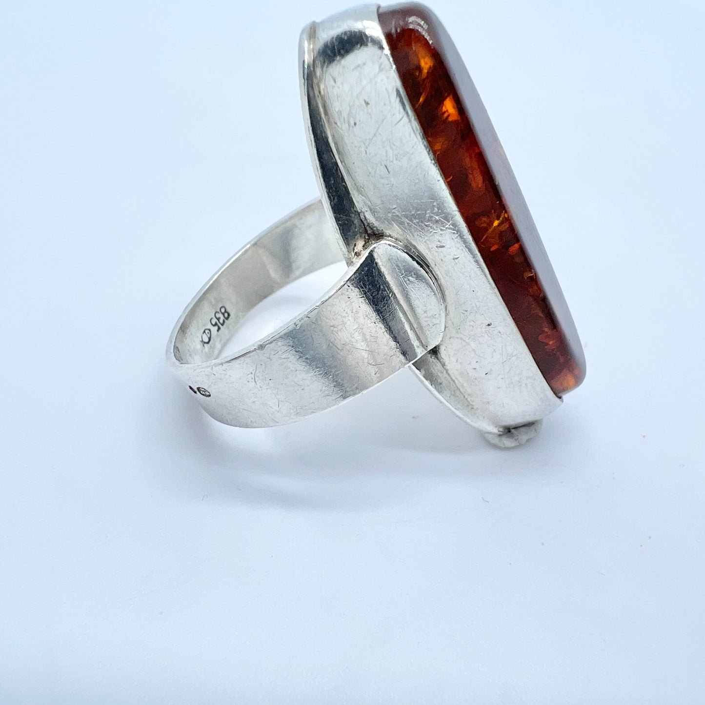 Fischland Ostseeschmuck. Vintage c 1970s Solid Silver Amber Ring.