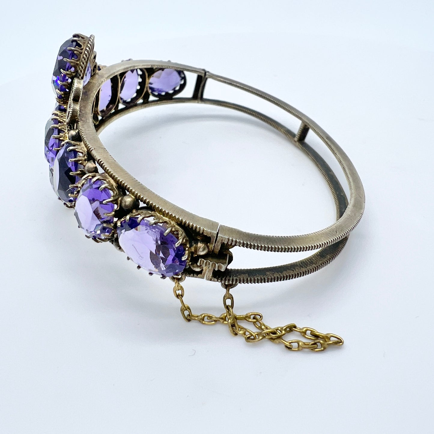 Antique Victorian. Purple Paste Yellow Metal Hinged Bracelet.