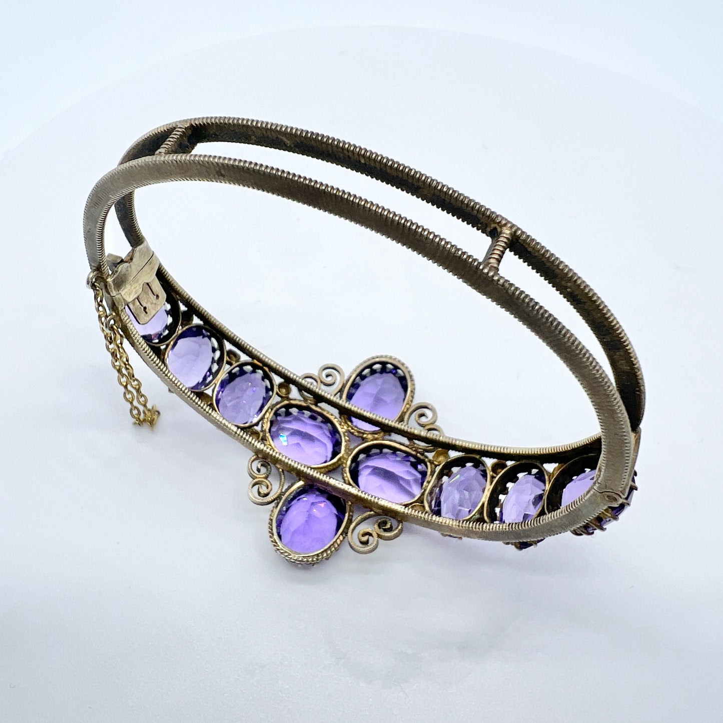 Antique Victorian. Purple Paste Yellow Metal Hinged Bracelet.