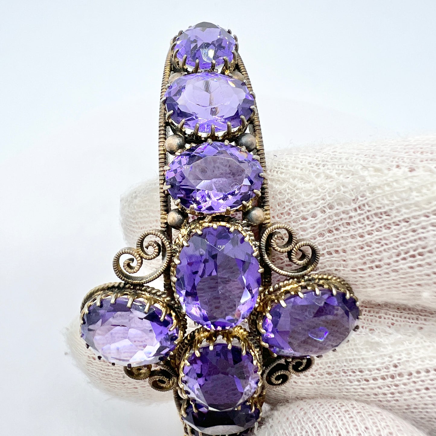 Antique Victorian. Purple Paste Yellow Metal Hinged Bracelet.