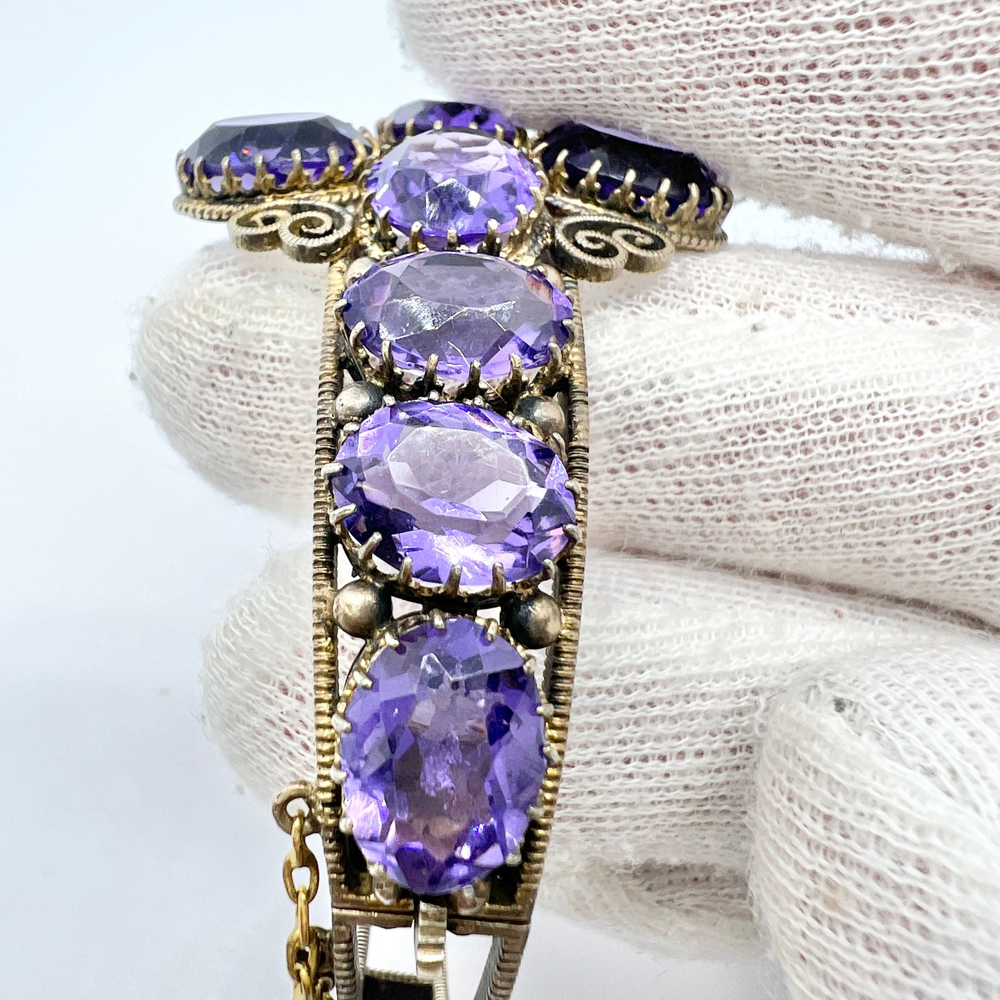 Antique Victorian. Purple Paste Yellow Metal Hinged Bracelet.