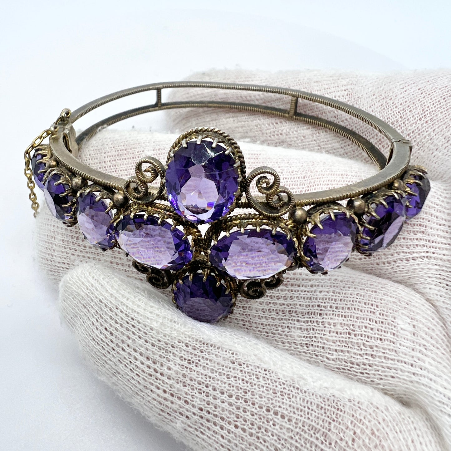 Antique Victorian. Purple Paste Yellow Metal Hinged Bracelet.