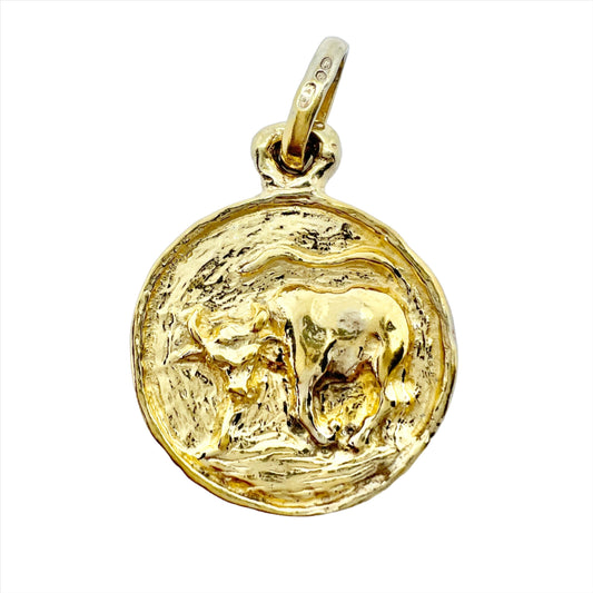 Uno A Erre, Italy. Vintage Gilt Solid Sterling Silver Zodiac Taurus Pendant.