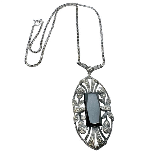 Sweden 1930-40s. Vintage Solid Silver Onyx Marcasite Large Pendant Necklace.