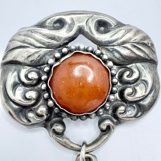 A/S K. Denmark ca 1920. Antique Art Nouveau Skønvike Silver Amber Brooch.
