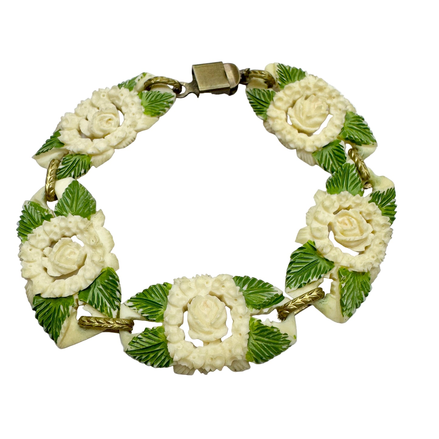 Vintage Carved Celluloid Costume Jewelry Flower Bracelet.