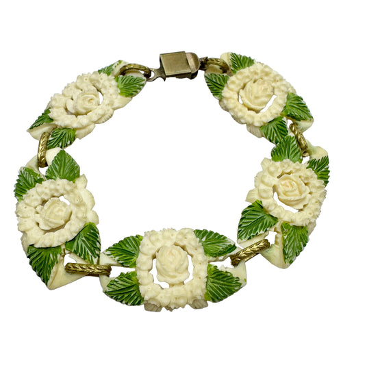Vintage Carved Celluloid Costume Jewelry Flower Bracelet.