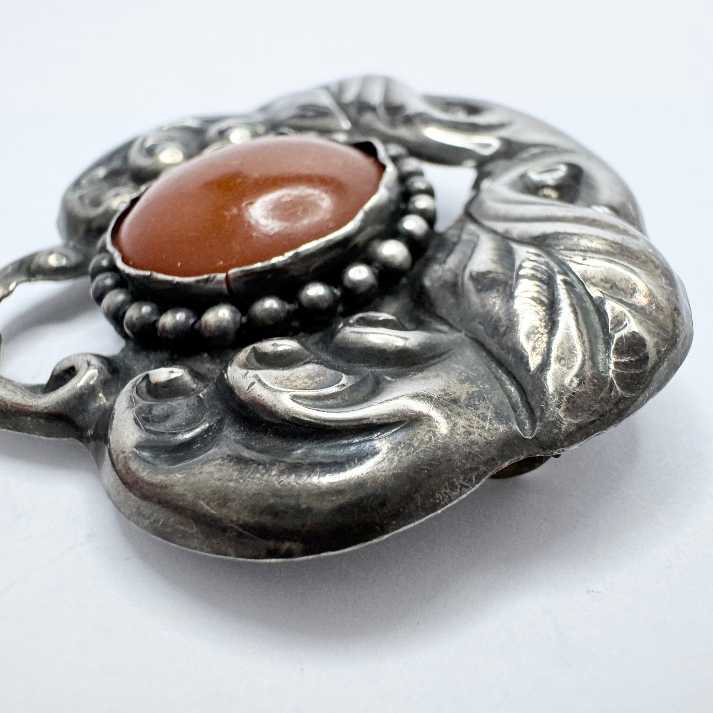 A/S K. Denmark ca 1920. Antique Art Nouveau Skønvike Silver Amber Brooch.