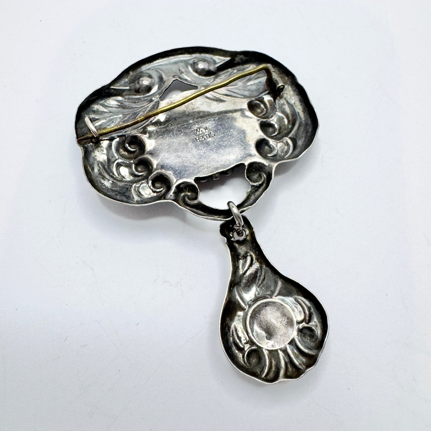 A/S K. Denmark ca 1920. Antique Art Nouveau Skønvike Silver Amber Brooch.