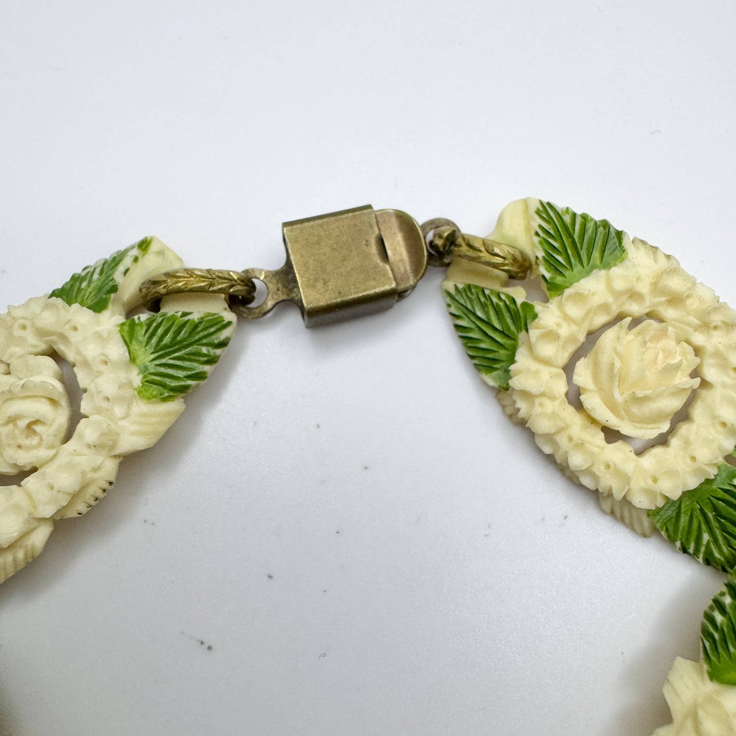 Vintage Carved Celluloid Costume Jewelry Flower Bracelet.