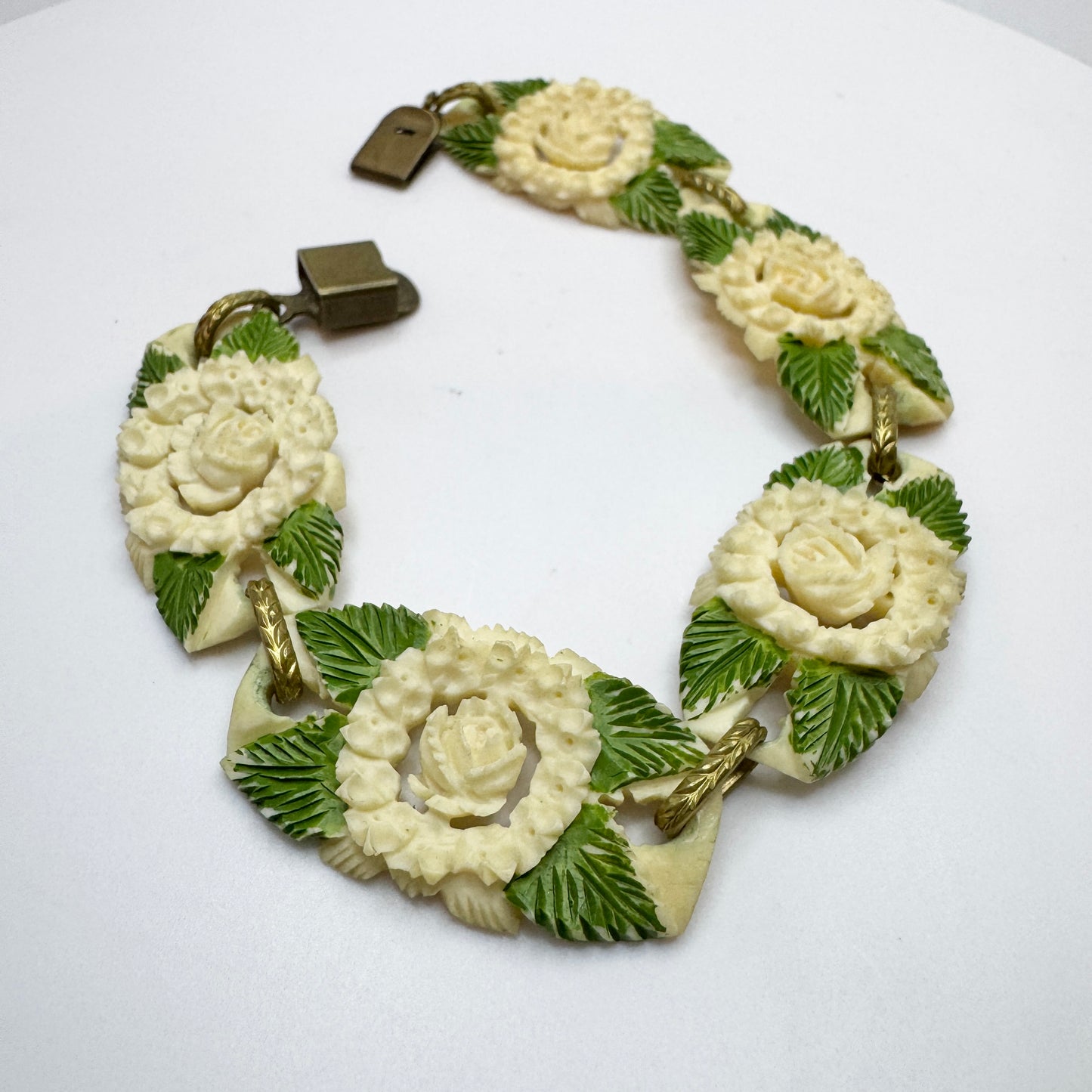 Vintage Carved Celluloid Costume Jewelry Flower Bracelet.