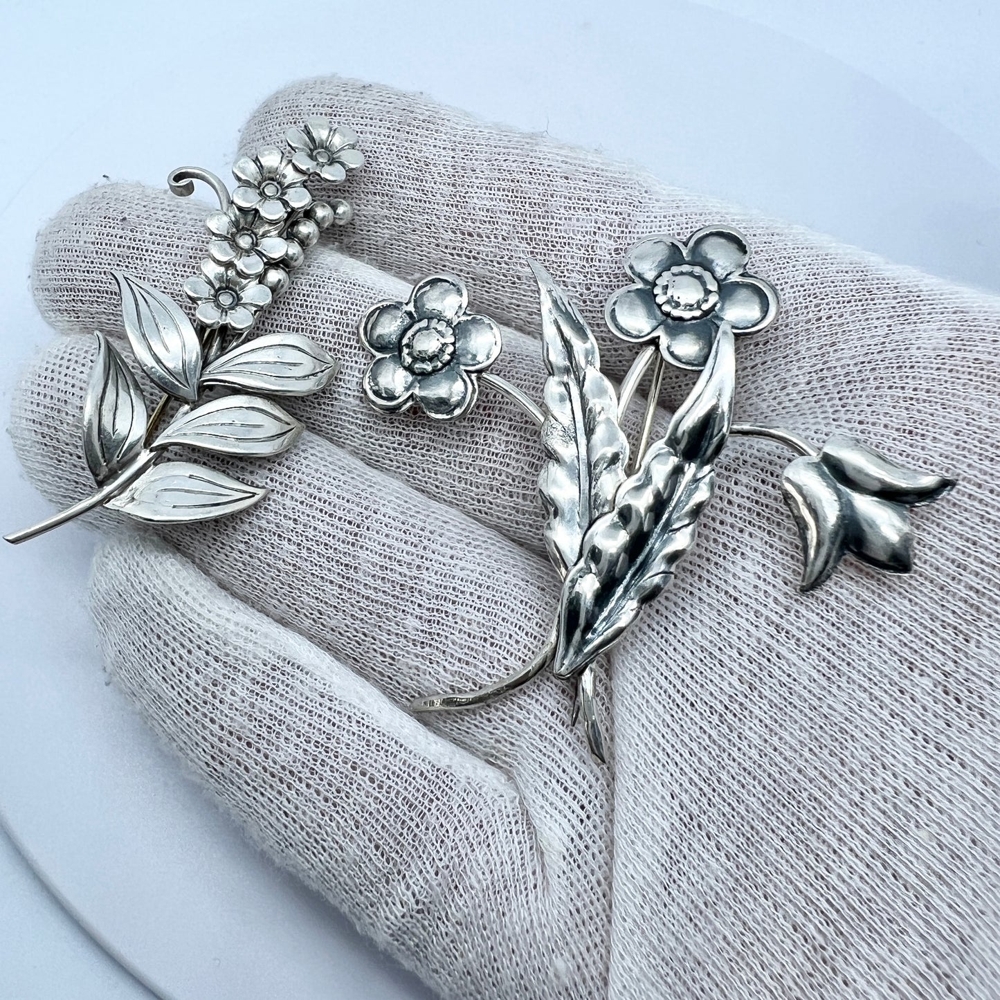 Sweden 1945 / 1949. Two Vintage Solid Silver Flower Brooches.