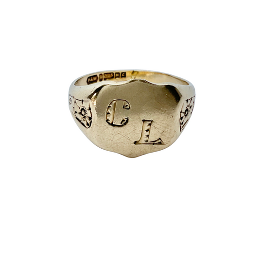 Birmingham 1960. Vintage 9k Gold Signet Ring. "CL"