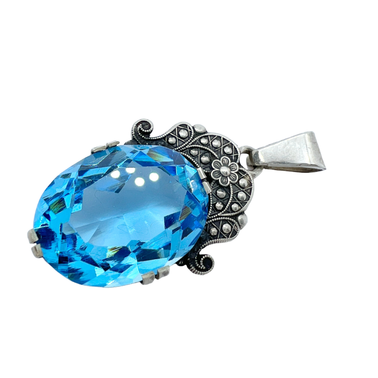 Sweden 1940-50s Sterling Silver Intense Blue Glass Stone Pendant.