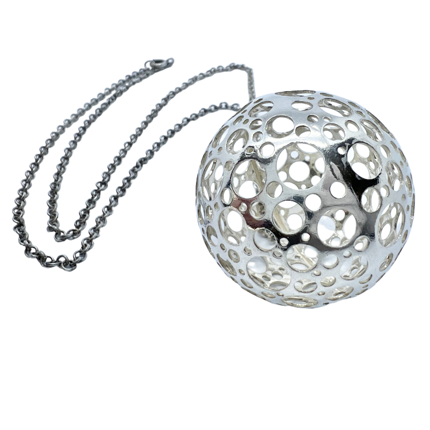 Liisa Vitali for N Westerback, Finland 1976. Large Vintage Sterling Silver Sphere Pendant + Chain.