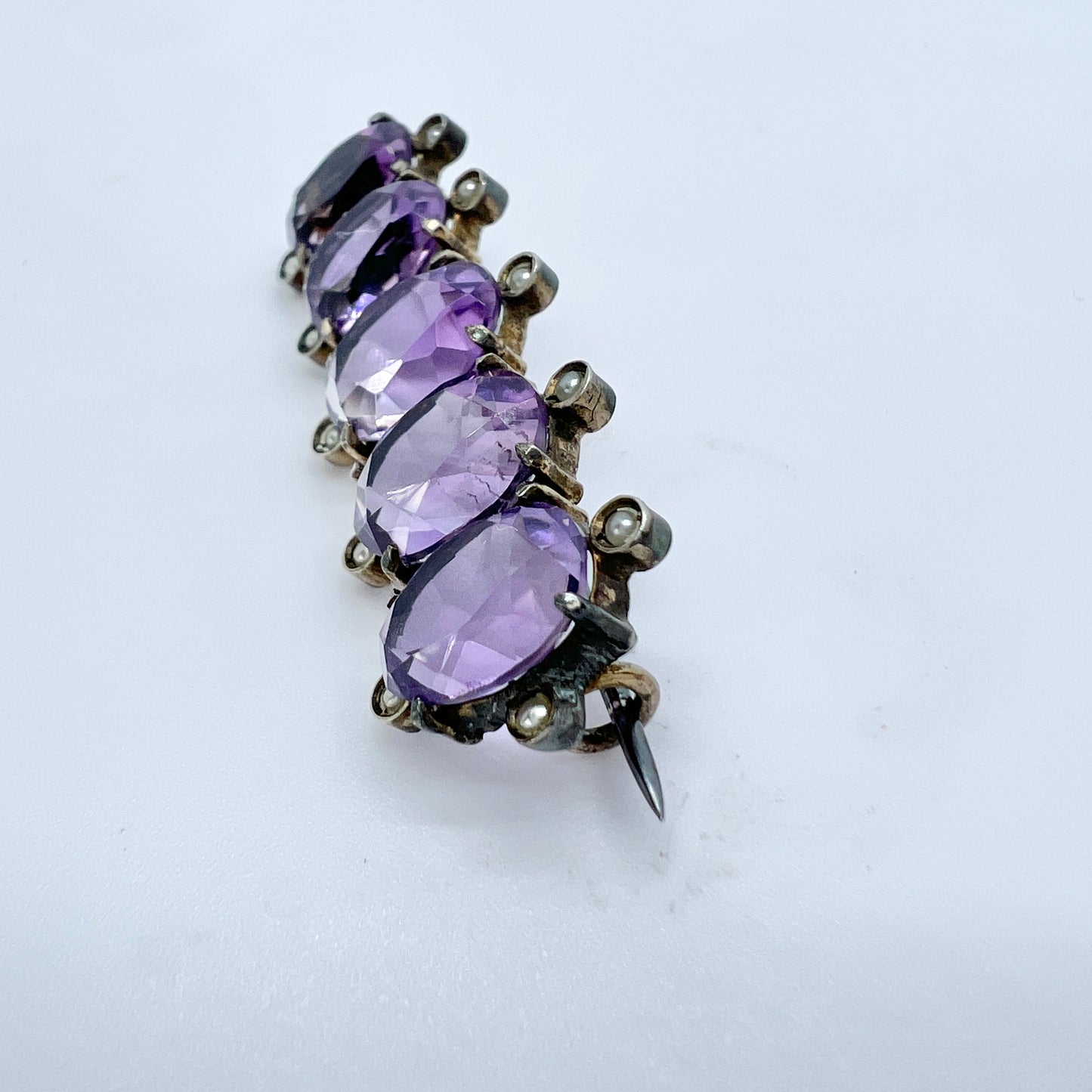 Antique Edwardian Solid Silver Amethyst Seed Pearl Brooch.