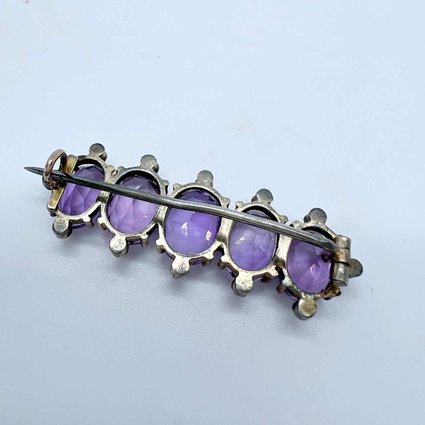 Antique Edwardian Solid Silver Amethyst Seed Pearl Brooch.