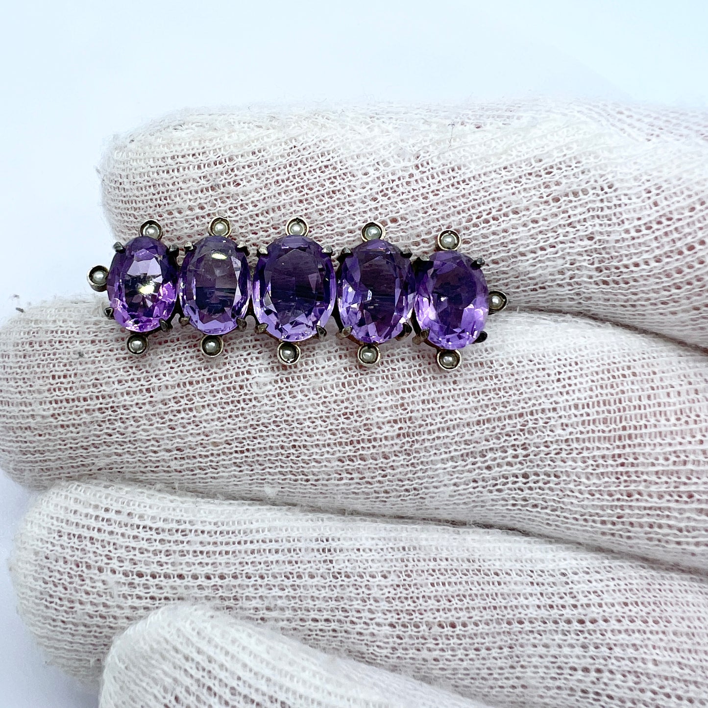 Antique Edwardian Solid Silver Amethyst Seed Pearl Brooch.