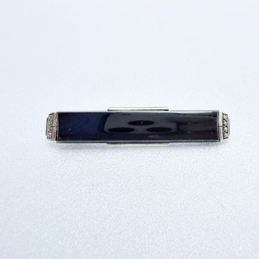 Vintage Art Deco Solid Silver Onyx Marcasite Bar Brooch.