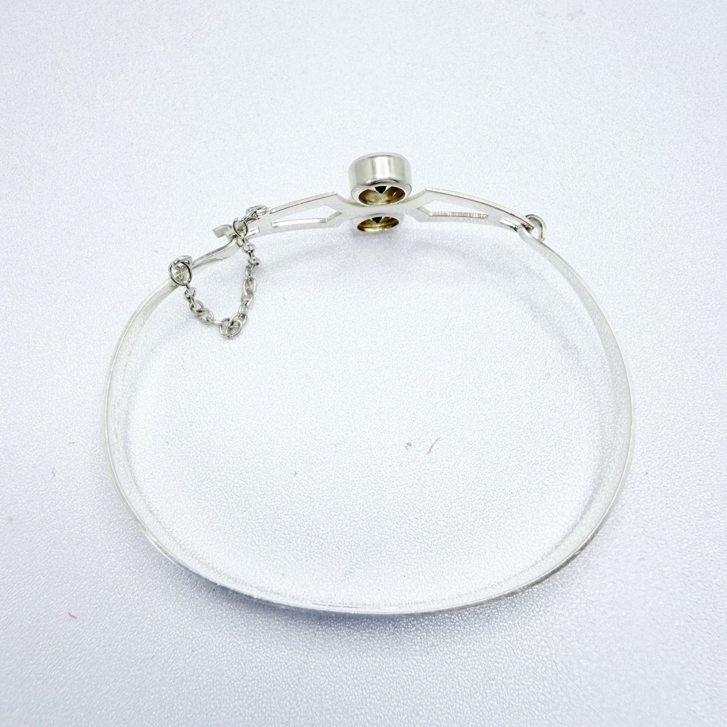 Salovaara, Finland 1974. Vintage Sterling Silver Rock Crystal hinged Bangle Bracelet.