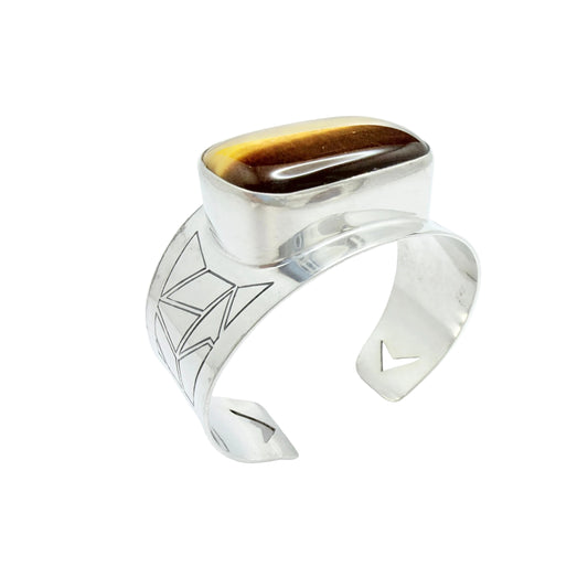 Lagerström, Sweden 1961. Bold Vintage Sterling Silver Tiger's Eye Cuff Bracelet.
