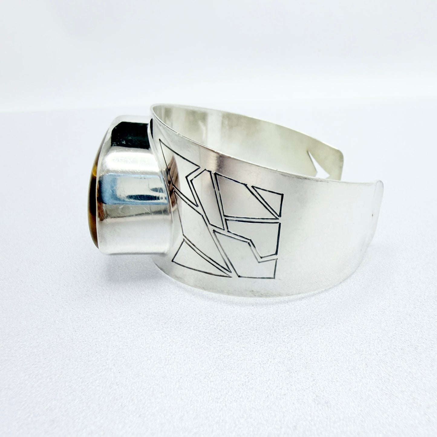 Lagerström, Sweden 1961. Bold Vintage Sterling Silver Tiger's Eye Cuff Bracelet.