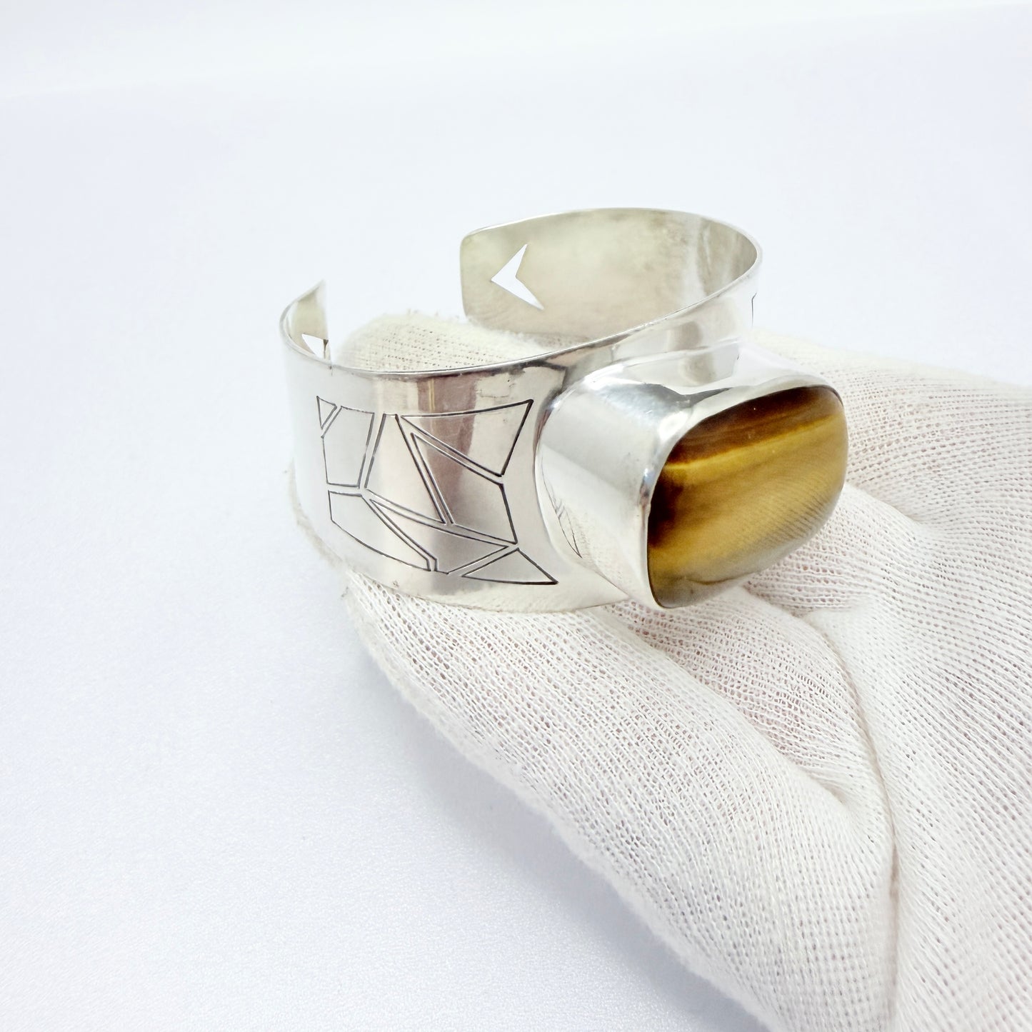 Lagerström, Sweden 1961. Bold Vintage Sterling Silver Tiger's Eye Cuff Bracelet.