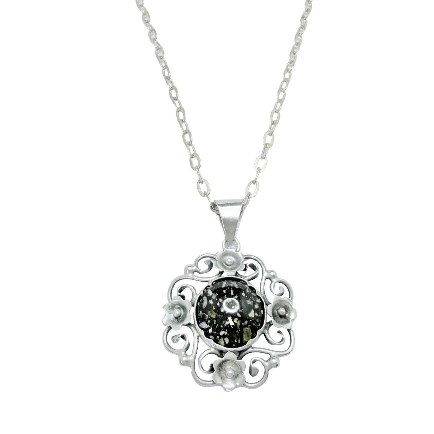 Atlejé Eng, Sweden year 1960. Vintage Solid Silver Porphyry Pendant Long Chain Necklace.
