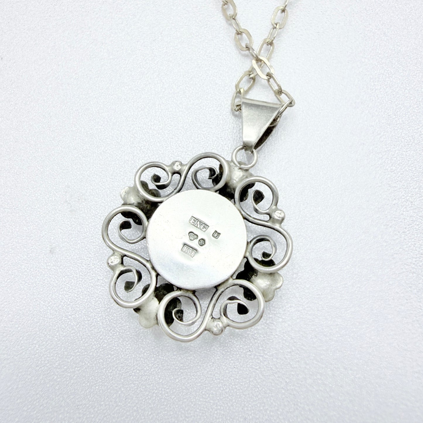 Atlejé Eng, Sweden year 1960. Vintage Solid Silver Porphyry Pendant Long Chain Necklace.