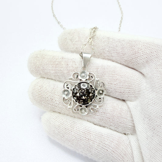 Atlejé Eng, Sweden year 1960. Vintage Solid Silver Porphyry Pendant Long Chain Necklace.
