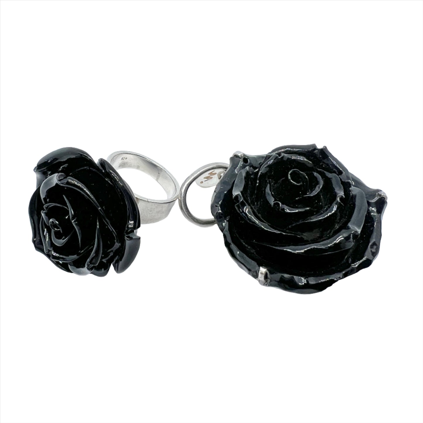 Bold Sterling Silver Plastic Black Rose Ring + Pendant.