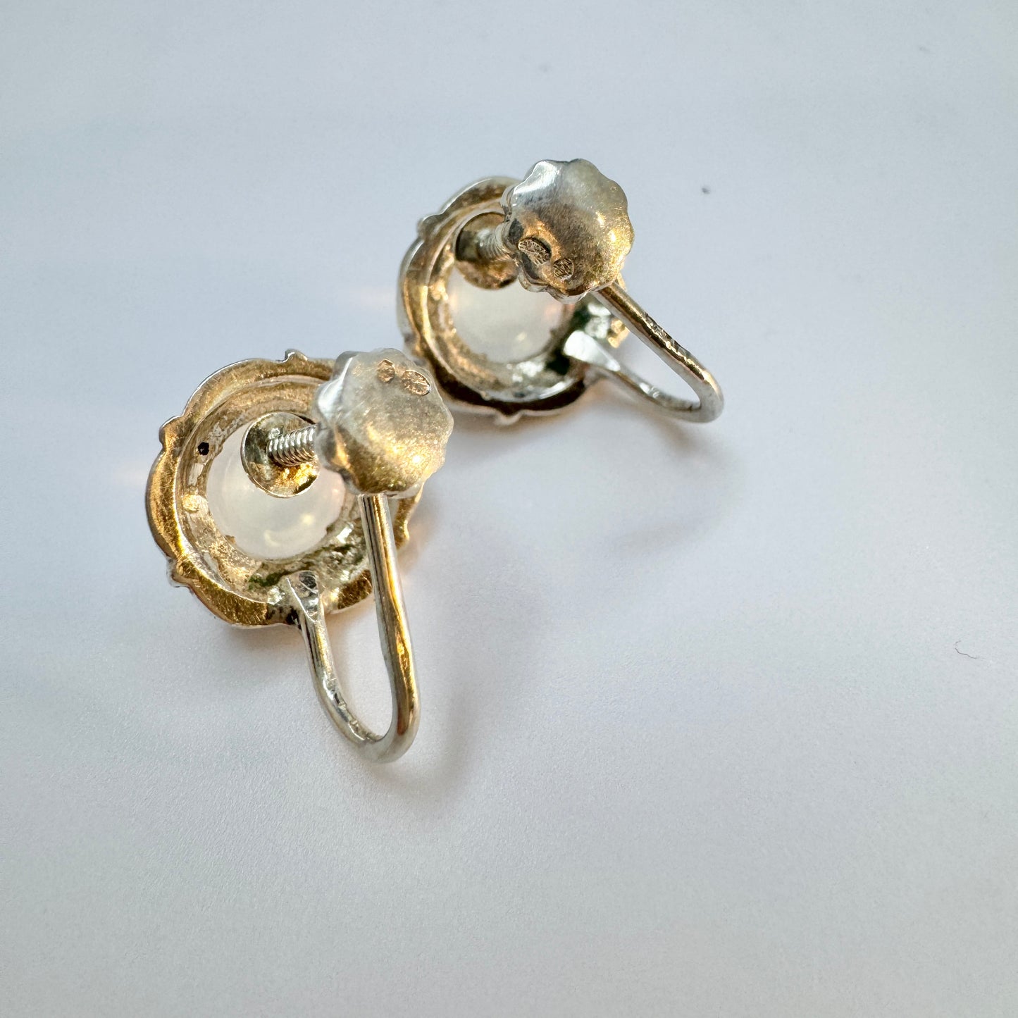 Sweden 1940-50s. Vintage Solid Silver Moonstone Earrings.