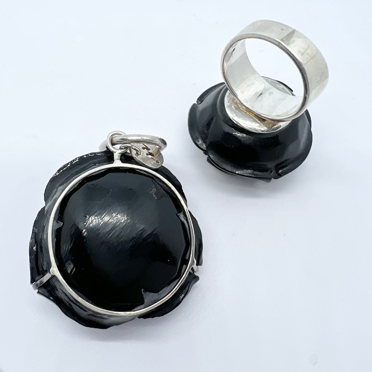 Bold Sterling Silver Plastic Black Rose Ring + Pendant.