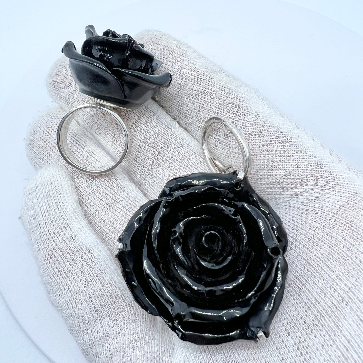 Bold Sterling Silver Plastic Black Rose Ring + Pendant.