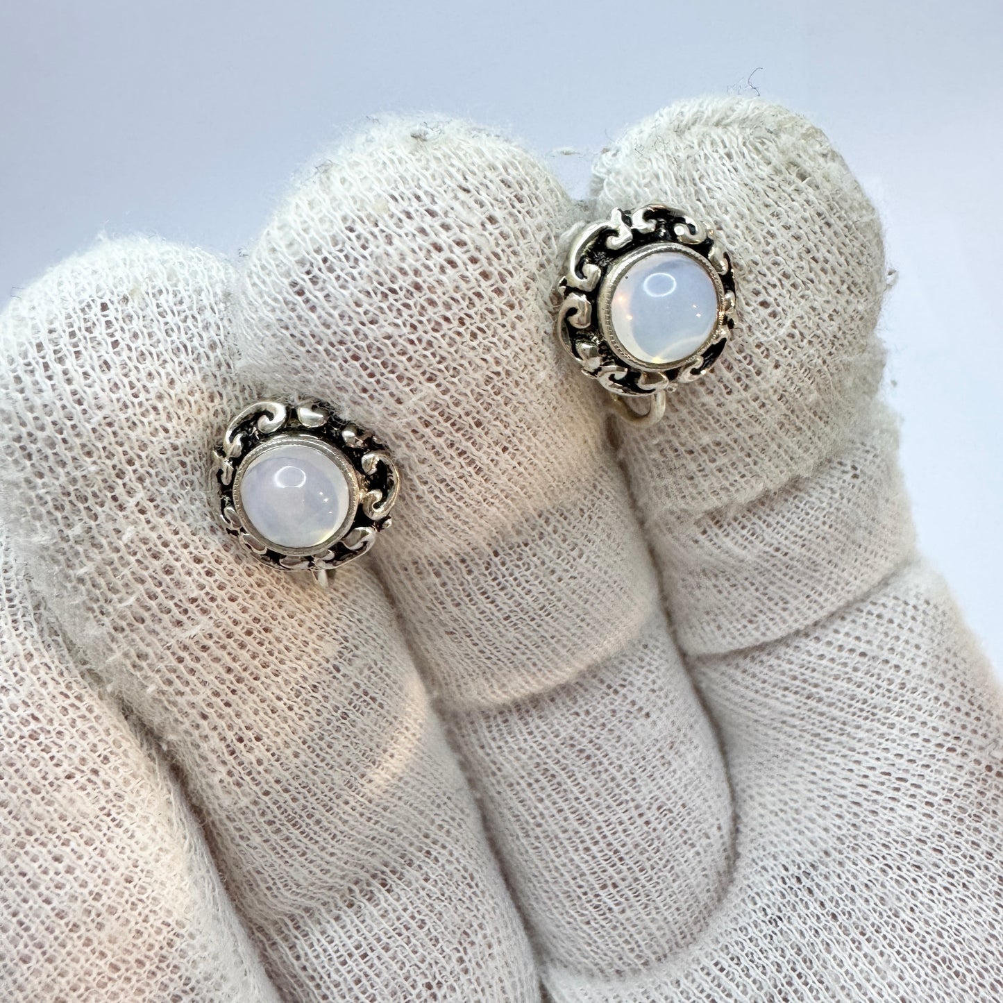 Sweden 1940-50s. Vintage Solid Silver Moonstone Earrings.