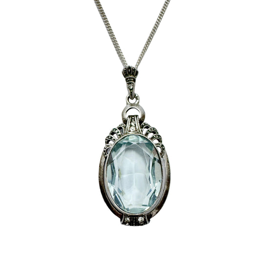 Sweden c 1930. Art Deco Silver Paste Stone (faux Aquamarine) Pendant + Chain.