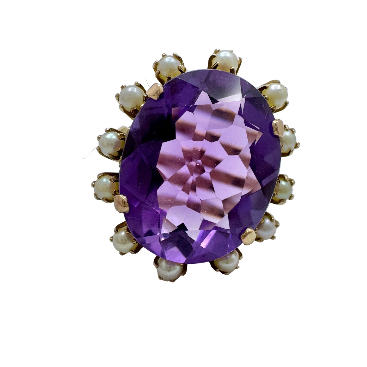 Vintage Bold 18k Gold Amethyst Pearl Cocktail Ring.