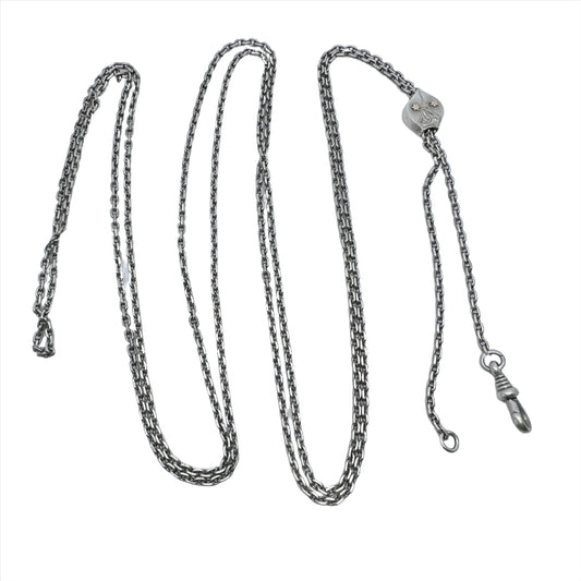 Antique c year 1900. Solid Silver 58 inch Longuard Chain Necklace with Slider Clasp. Sweden.