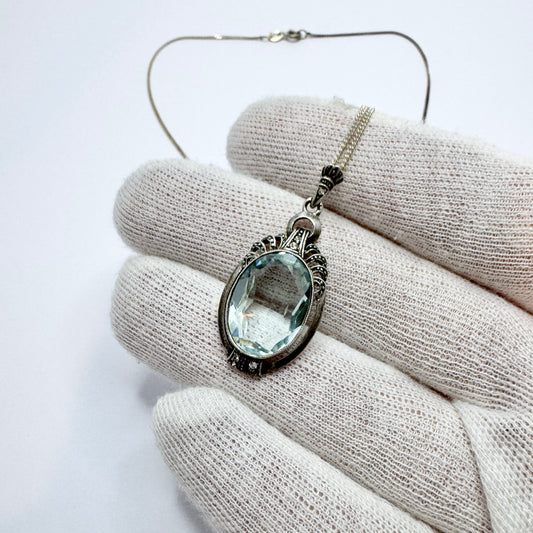 Sweden c 1930. Art Deco Silver Paste Stone (faux Aquamarine) Pendant + Chain.
