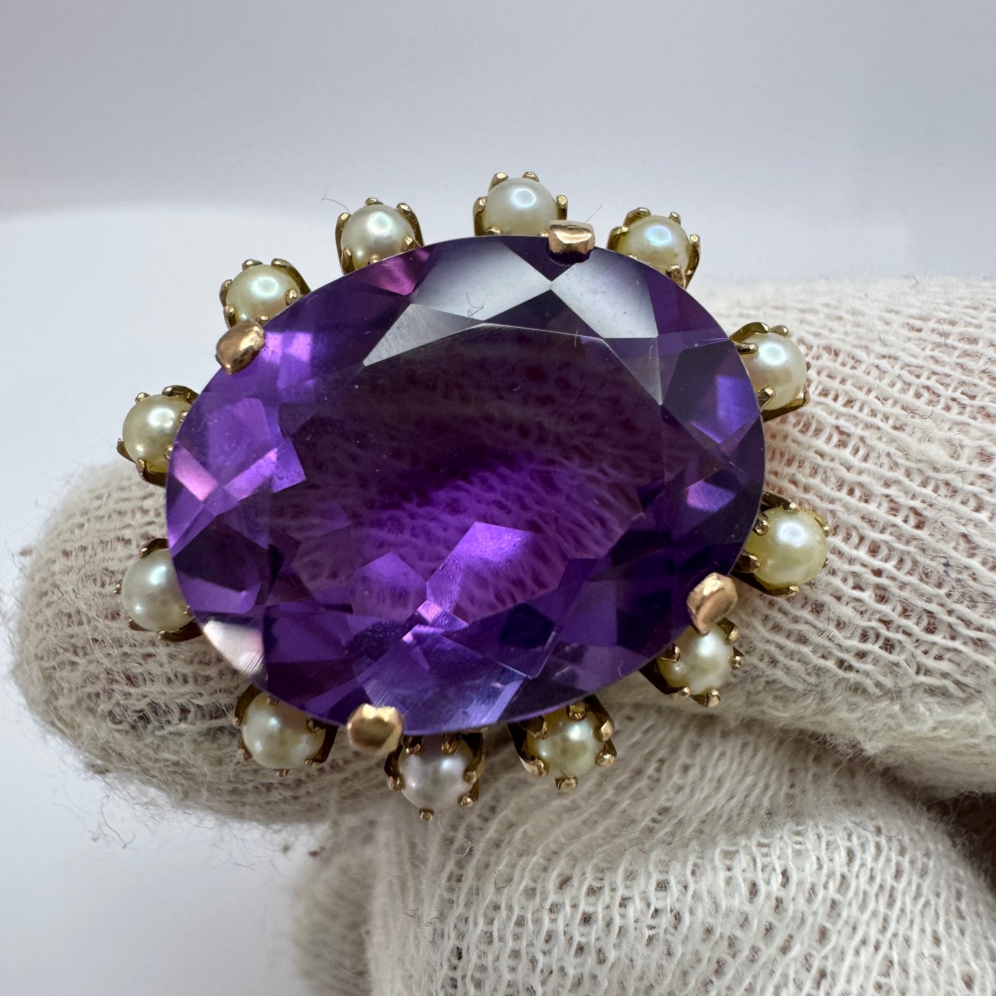 Vintage Bold 18k Gold Amethyst Pearl Cocktail Ring.