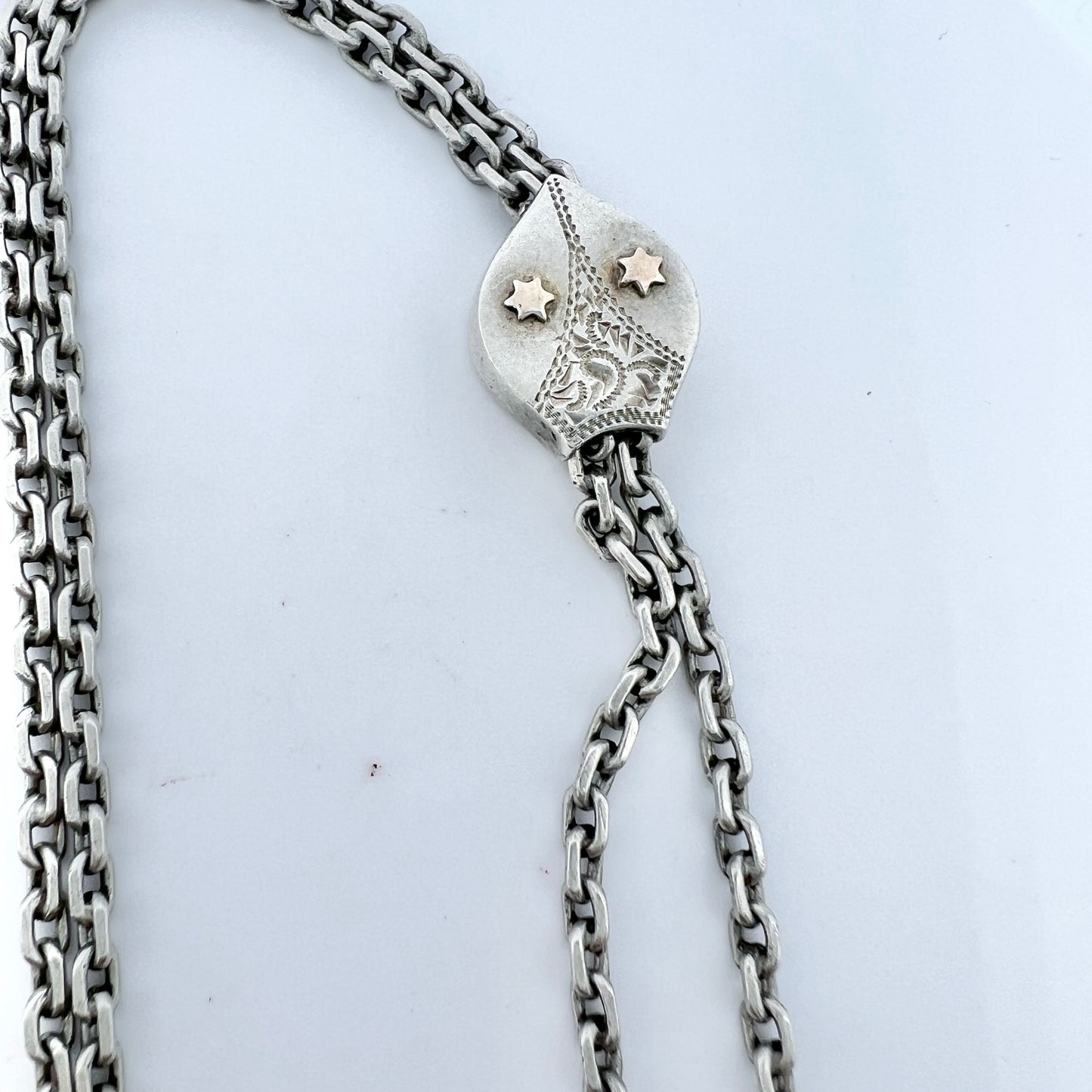 Antique c year 1900. Solid Silver 58 inch Longuard Chain Necklace with Slider Clasp. Sweden.