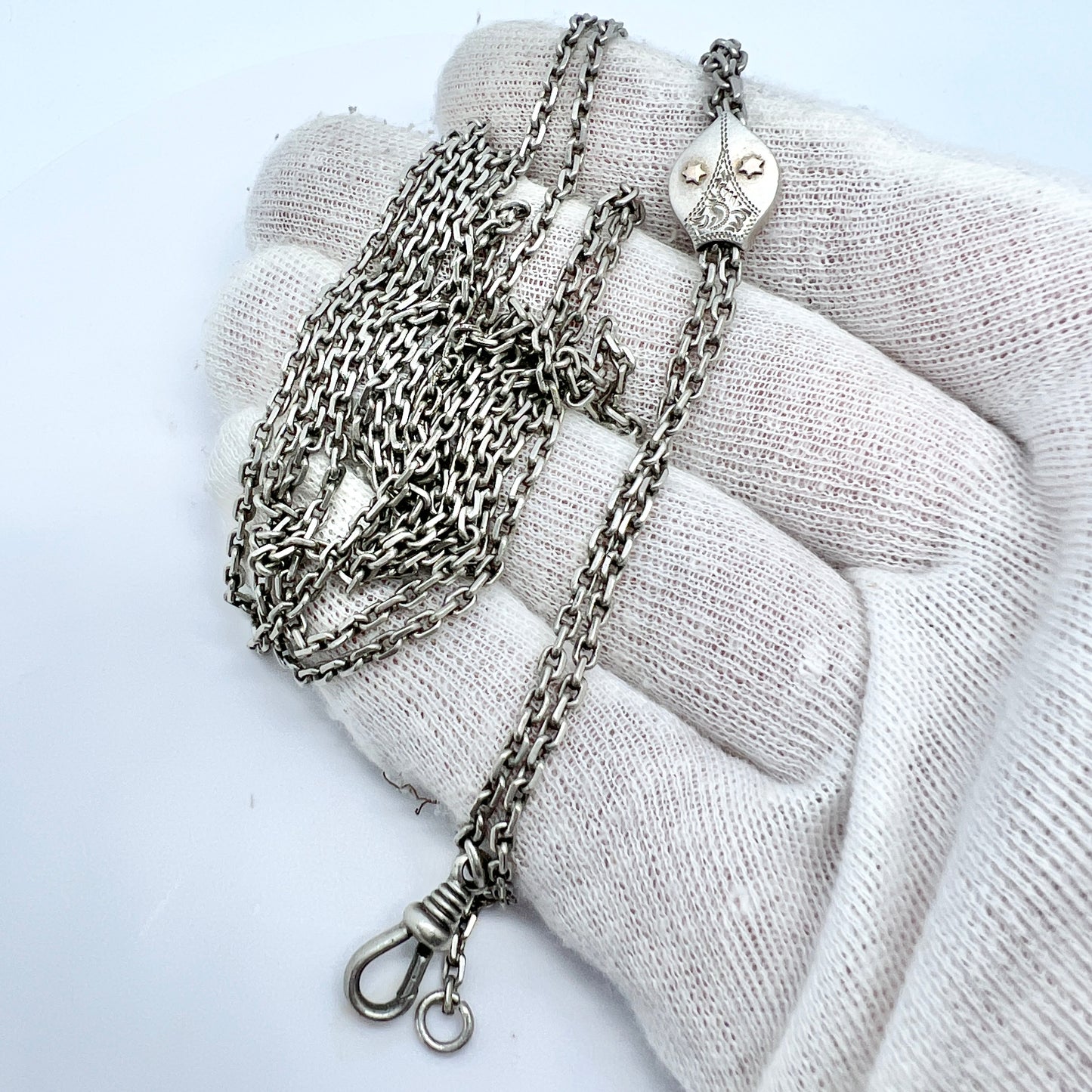 Antique c year 1900. Solid Silver 58 inch Longuard Chain Necklace with Slider Clasp. Sweden.